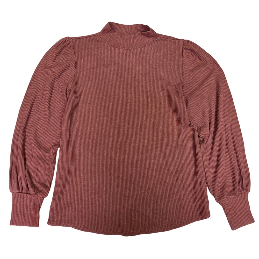 Maurices 24/7 Women Rust Ribbed Mock Neck Puff Sleeve Top S Terracotta Boho